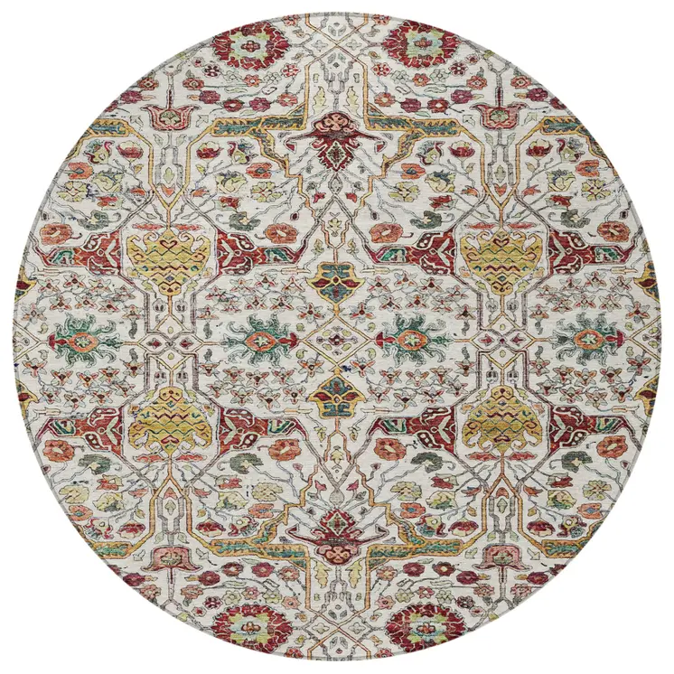 8' Ivory Red And Green Round Floral Washable Indoor Outdoor Area Rug