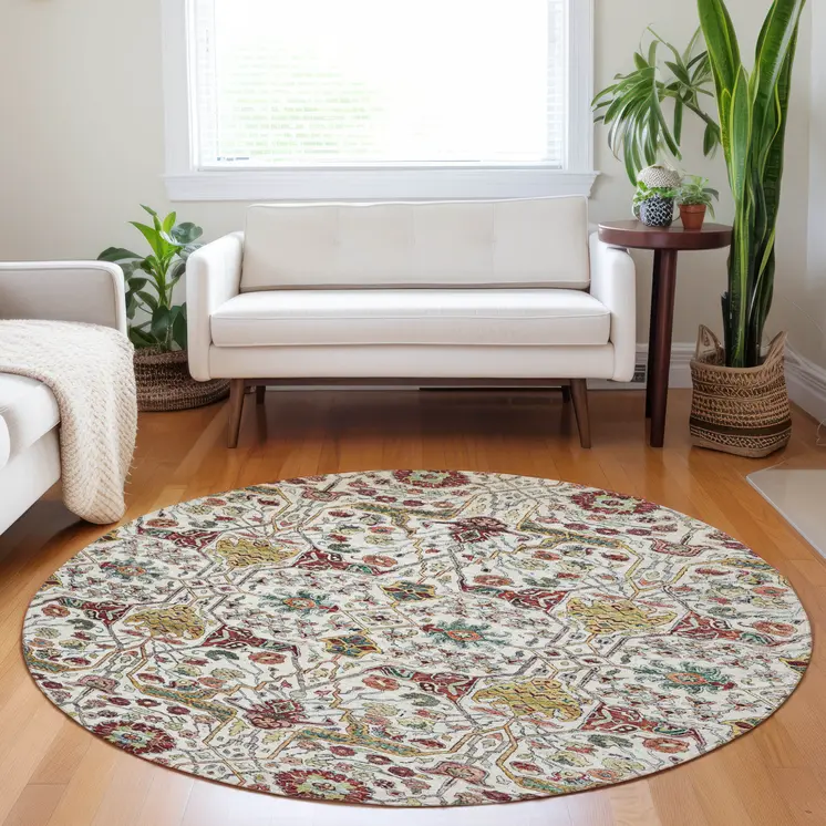 8' Ivory Red And Green Round Floral Washable Indoor Outdoor Area Rug