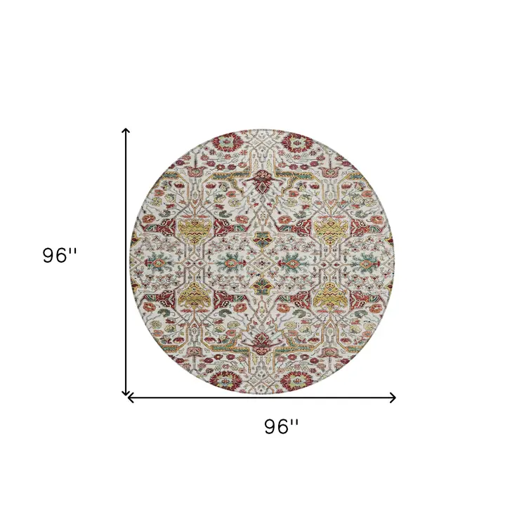 8' Ivory Red And Green Round Floral Washable Indoor Outdoor Area Rug