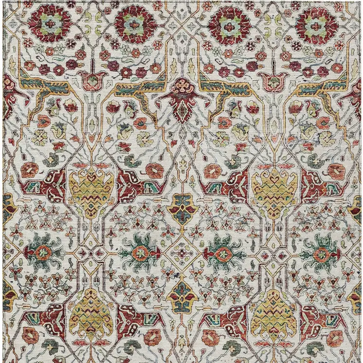 9' X 12' Ivory Red And Green Floral Washable Indoor Outdoor Area Rug