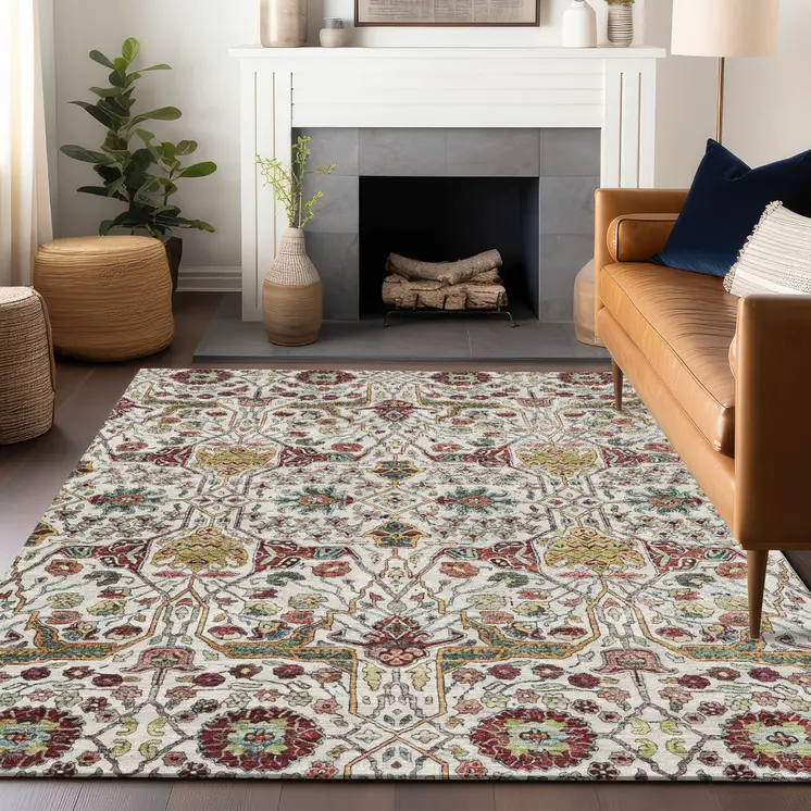 9' X 12' Ivory Red And Green Floral Washable Indoor Outdoor Area Rug