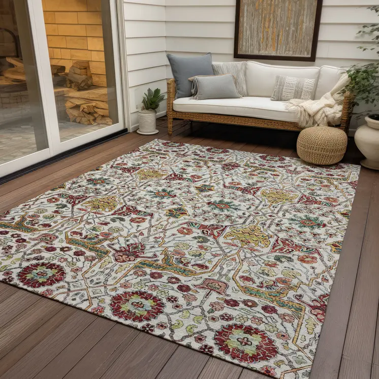 10' X 14' Ivory Red And Green Floral Washable Indoor Outdoor Area Rug