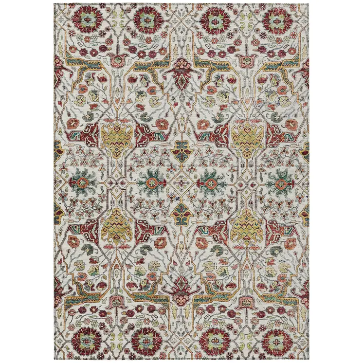 10' X 14' Ivory Red And Green Floral Washable Indoor Outdoor Area Rug