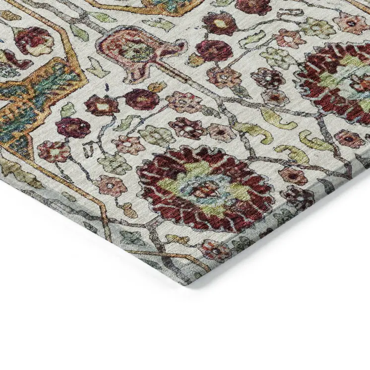 10' X 14' Ivory Red And Green Floral Washable Indoor Outdoor Area Rug