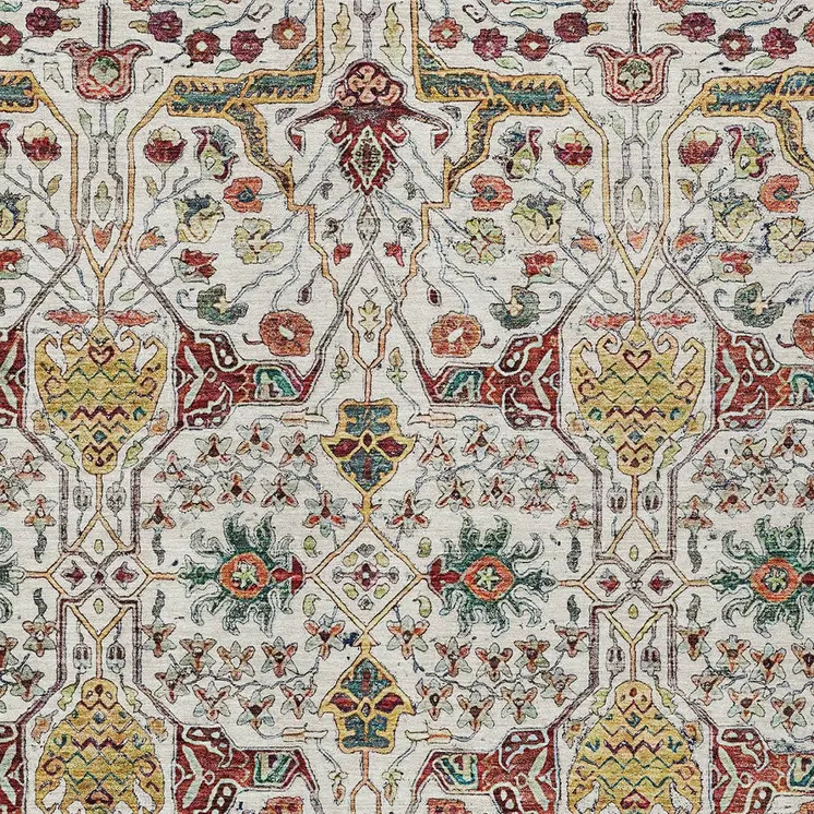 10' X 14' Ivory Red And Green Floral Washable Indoor Outdoor Area Rug