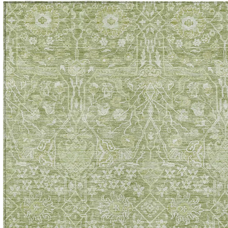 3' X 5' Artichoke Green And Ivory Floral Washable Indoor Outdoor Area Rug