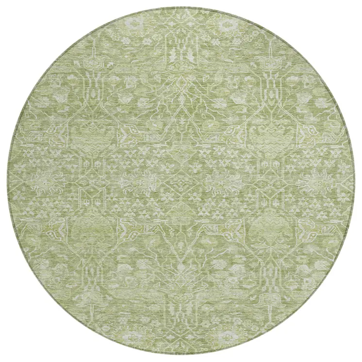 8' Artichoke Green And Ivory Round Floral Washable Indoor Outdoor Area Rug