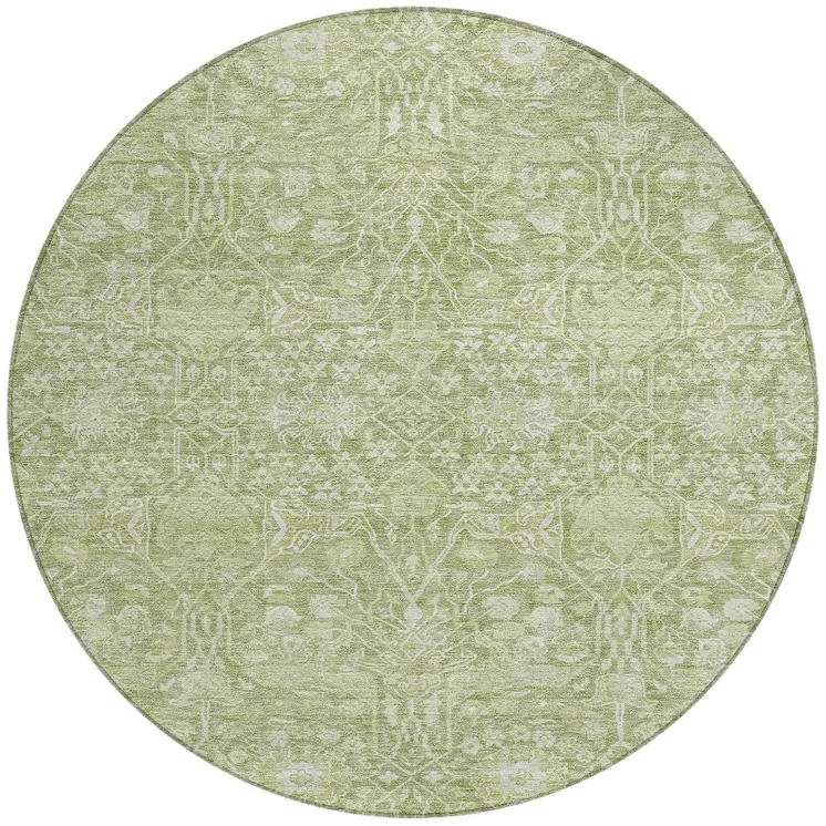 8' Artichoke Green And Ivory Round Floral Washable Indoor Outdoor Area Rug