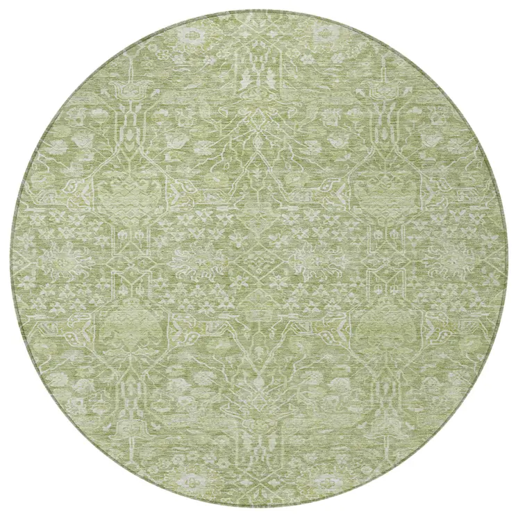 8' Artichoke Green And Ivory Round Floral Washable Indoor Outdoor Area Rug