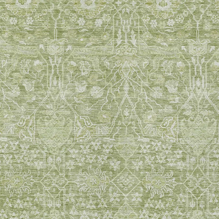 8' X 10' Artichoke Green And Ivory Floral Washable Indoor Outdoor Area Rug