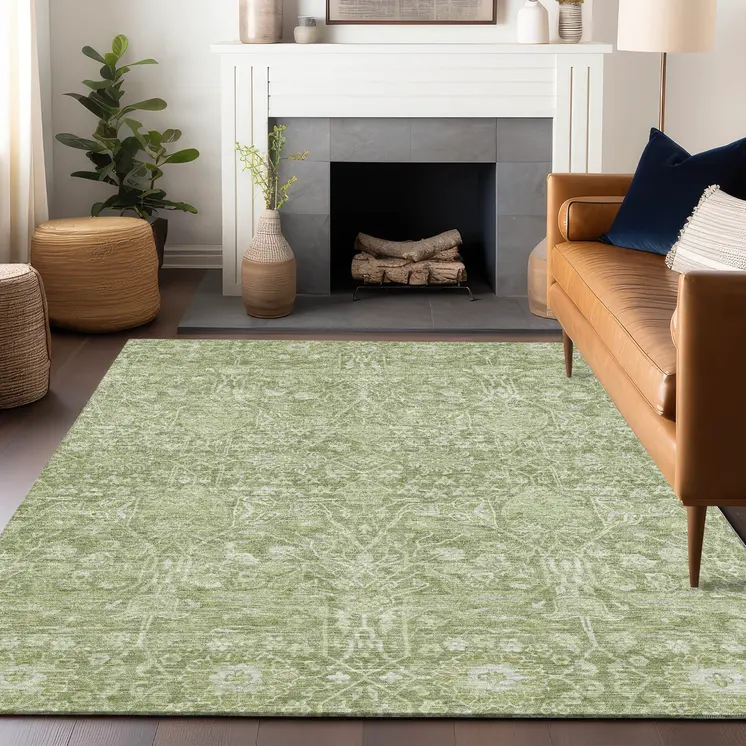 8' X 10' Artichoke Green And Ivory Floral Washable Indoor Outdoor Area Rug