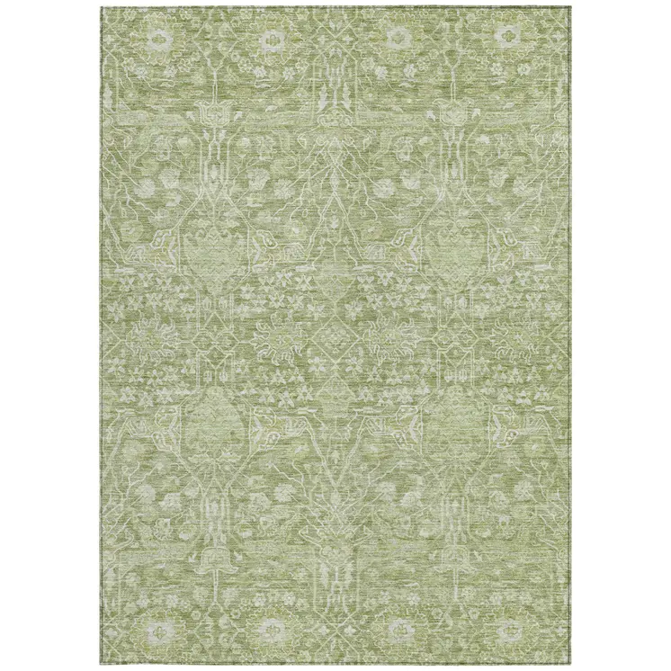 9' X 12' Artichoke Green And Ivory Floral Washable Indoor Outdoor Area Rug