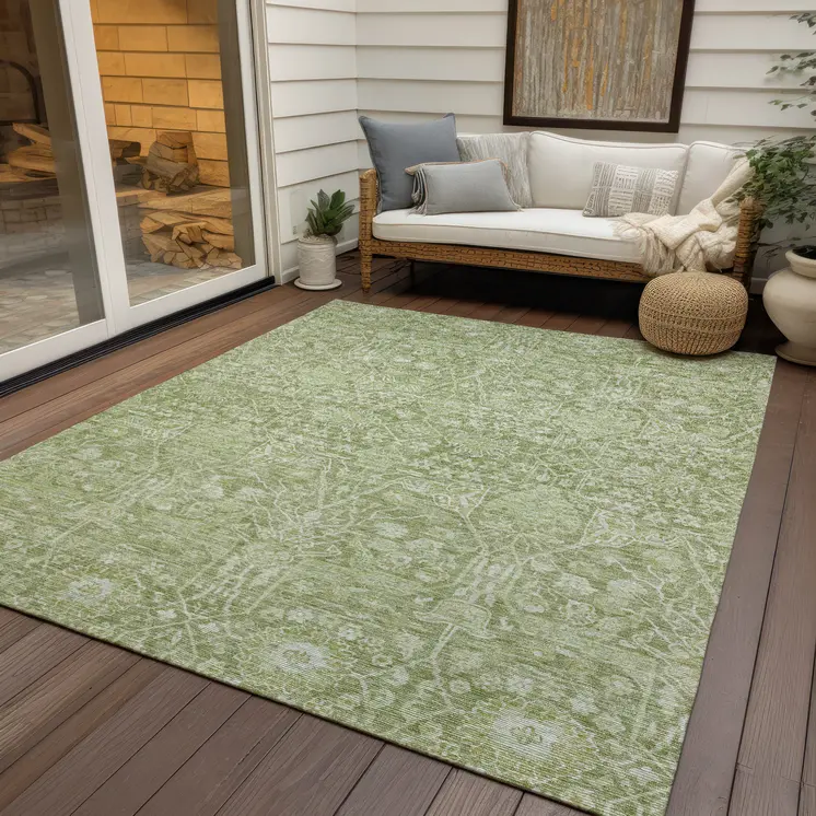9' X 12' Artichoke Green And Ivory Floral Washable Indoor Outdoor Area Rug