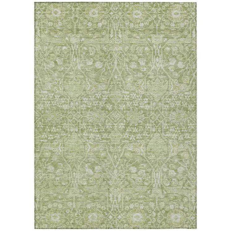 9' X 12' Artichoke Green And Ivory Floral Washable Indoor Outdoor Area Rug