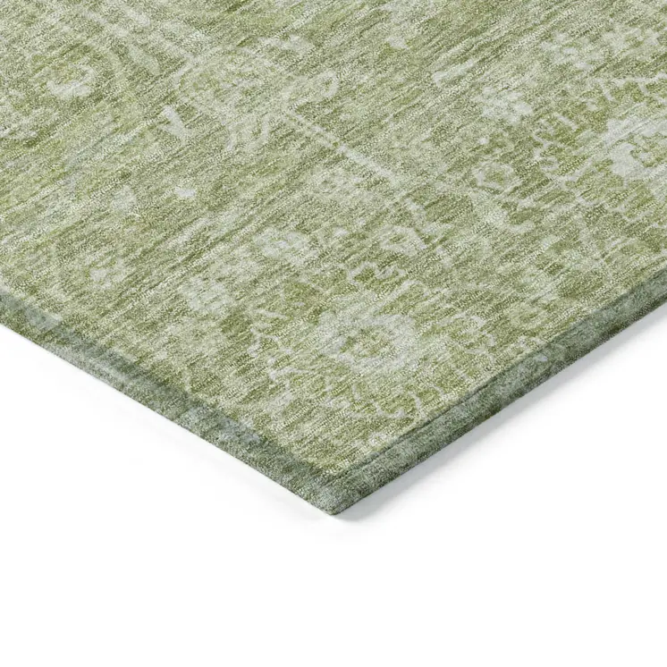 9' X 12' Artichoke Green And Ivory Floral Washable Indoor Outdoor Area Rug