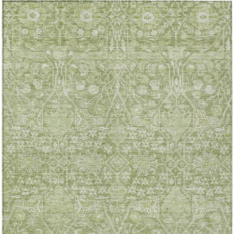 9' X 12' Artichoke Green And Ivory Floral Washable Indoor Outdoor Area Rug