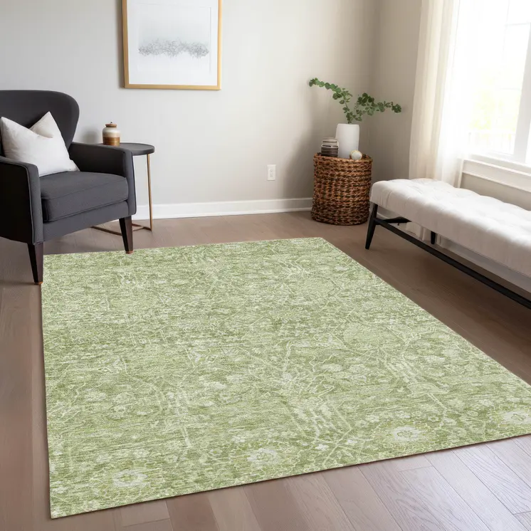 9' X 12' Artichoke Green And Ivory Floral Washable Indoor Outdoor Area Rug