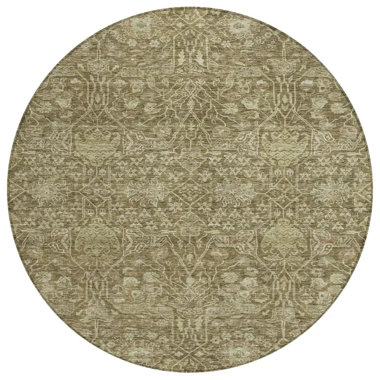 8' Brown And Beige Round Floral Washable Indoor Outdoor Area Rug
