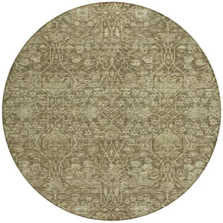 8' Brown And Beige Round Floral Washable Indoor Outdoor Area Rug