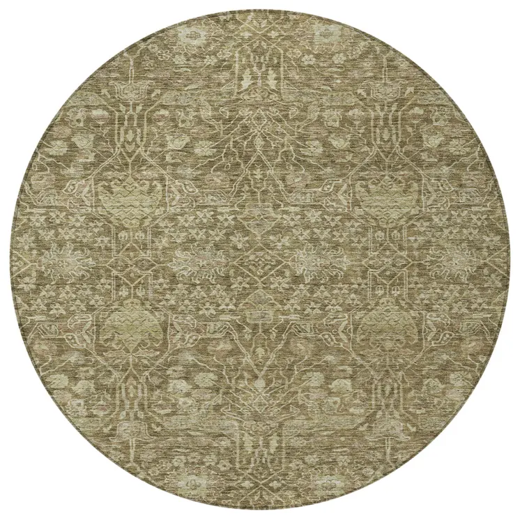 8' Brown And Beige Round Floral Washable Indoor Outdoor Area Rug