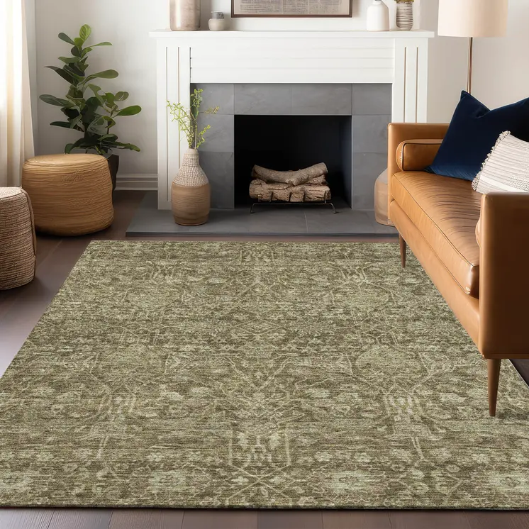 8' X 10' Brown And Beige Floral Washable Indoor Outdoor Area Rug