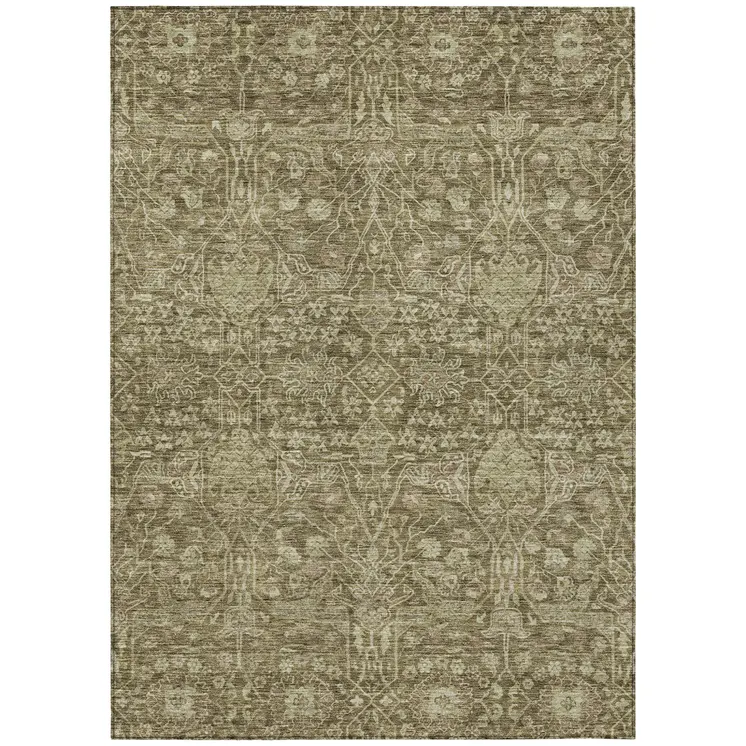 9' X 12' Brown And Beige Floral Washable Indoor Outdoor Area Rug
