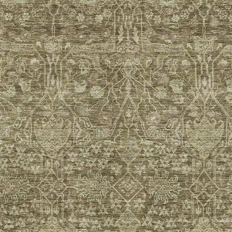 9' X 12' Brown And Beige Floral Washable Indoor Outdoor Area Rug