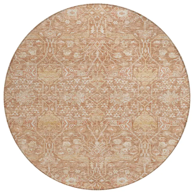 8' Coral And Ivory Round Floral Washable Indoor Outdoor Area Rug