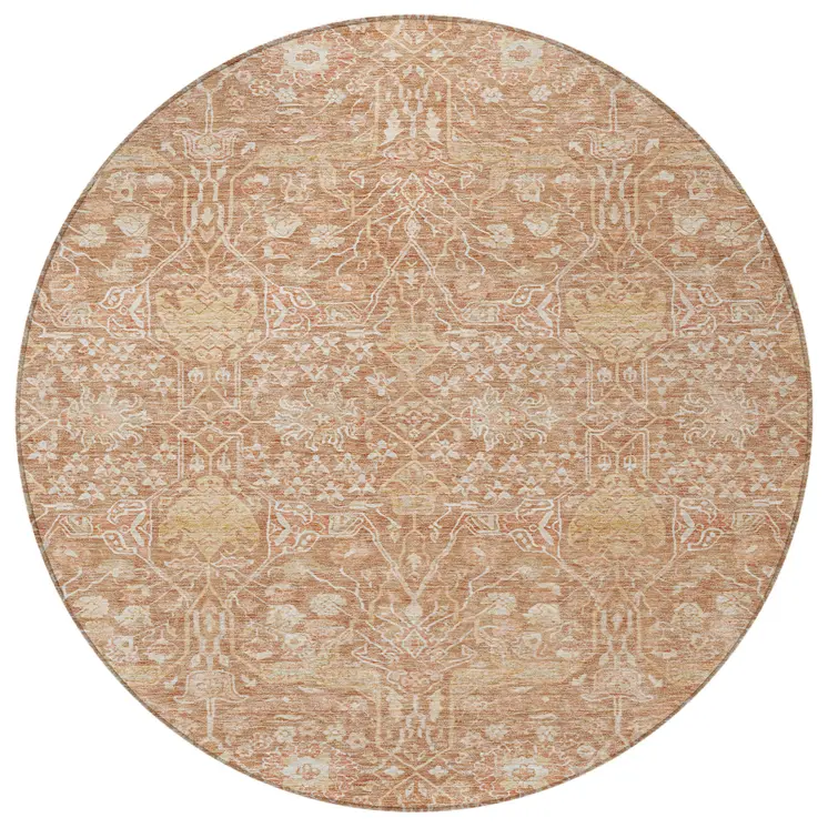 8' Coral And Ivory Round Floral Washable Indoor Outdoor Area Rug