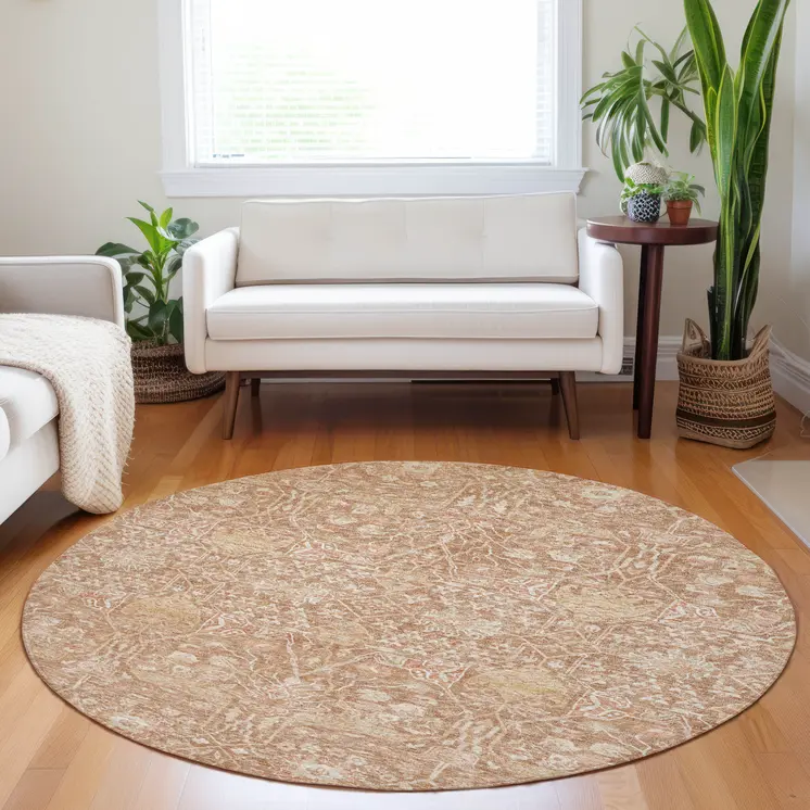 8' Coral And Ivory Round Floral Washable Indoor Outdoor Area Rug