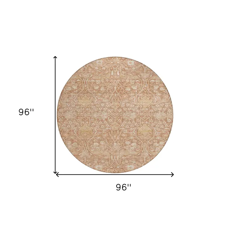 8' Coral And Ivory Round Floral Washable Indoor Outdoor Area Rug