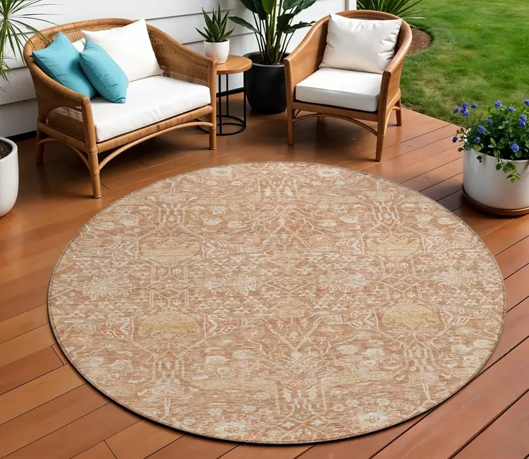 8' Coral And Ivory Round Floral Washable Indoor Outdoor Area Rug