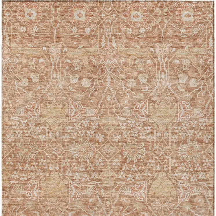 8' X 10' Coral And Ivory Floral Washable Indoor Outdoor Area Rug