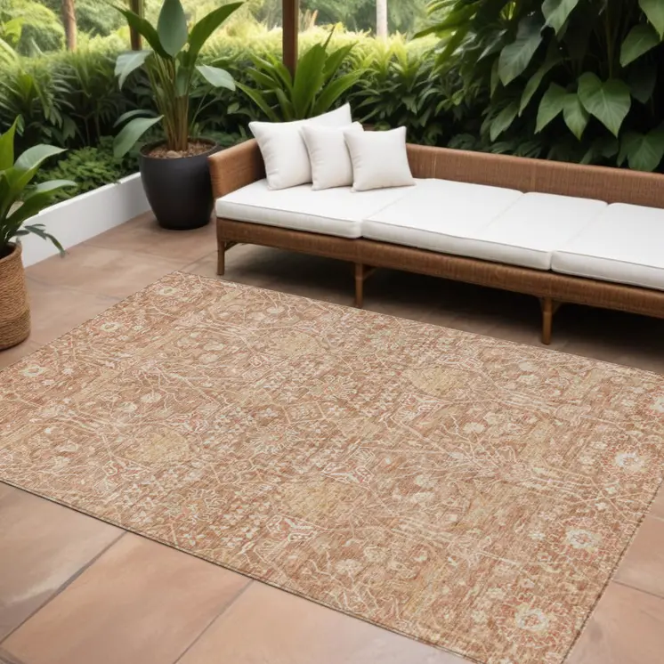 8' X 10' Coral And Ivory Floral Washable Indoor Outdoor Area Rug