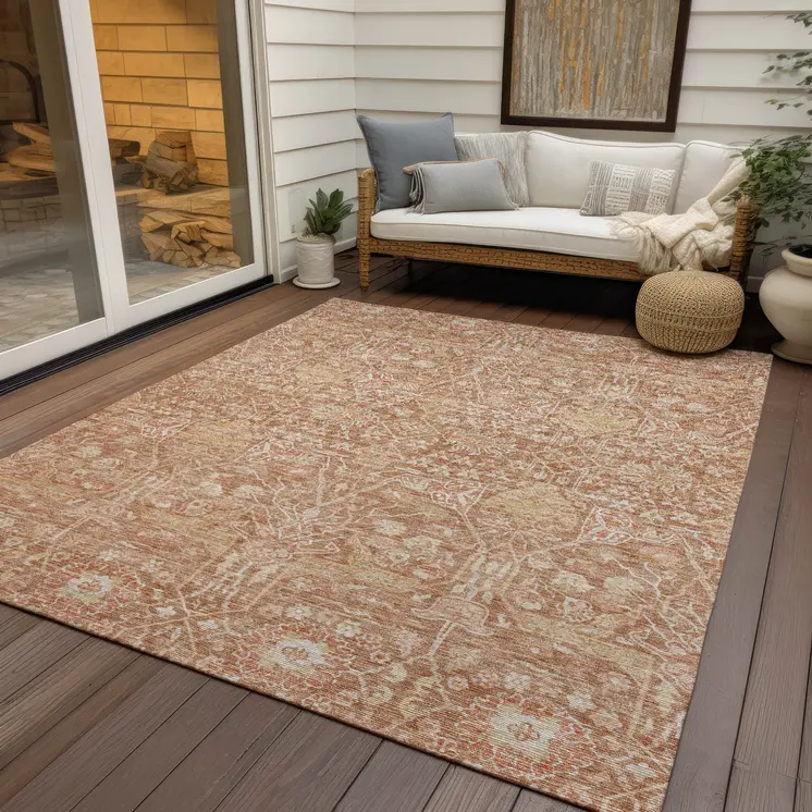 8' X 10' Coral And Ivory Floral Washable Indoor Outdoor Area Rug