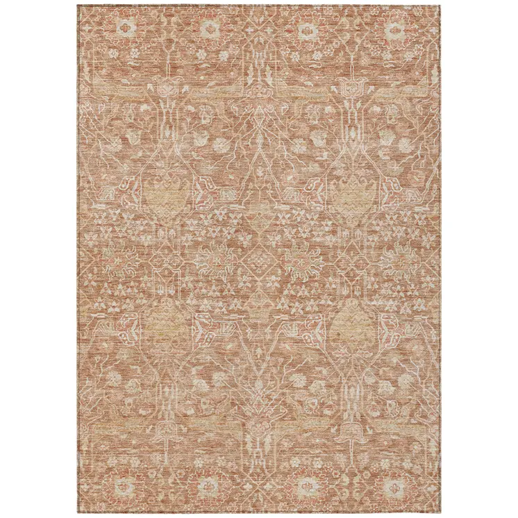8' X 10' Coral And Ivory Floral Washable Indoor Outdoor Area Rug