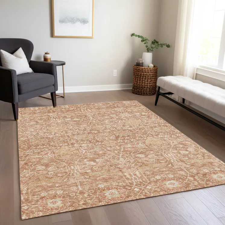 8' X 10' Coral And Ivory Floral Washable Indoor Outdoor Area Rug