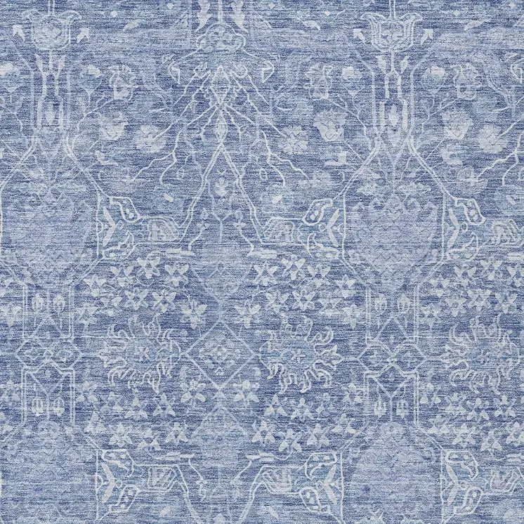 3' X 5' Denim Blue And Ivory Floral Washable Indoor Outdoor Area Rug