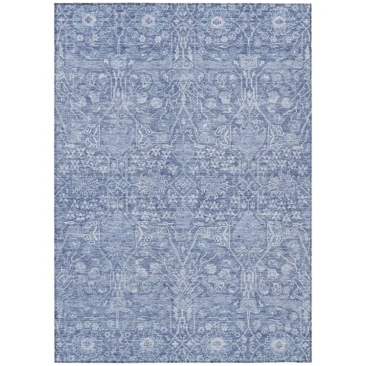 5' X 8' Denim Blue And Ivory Floral Washable Indoor Outdoor Area Rug