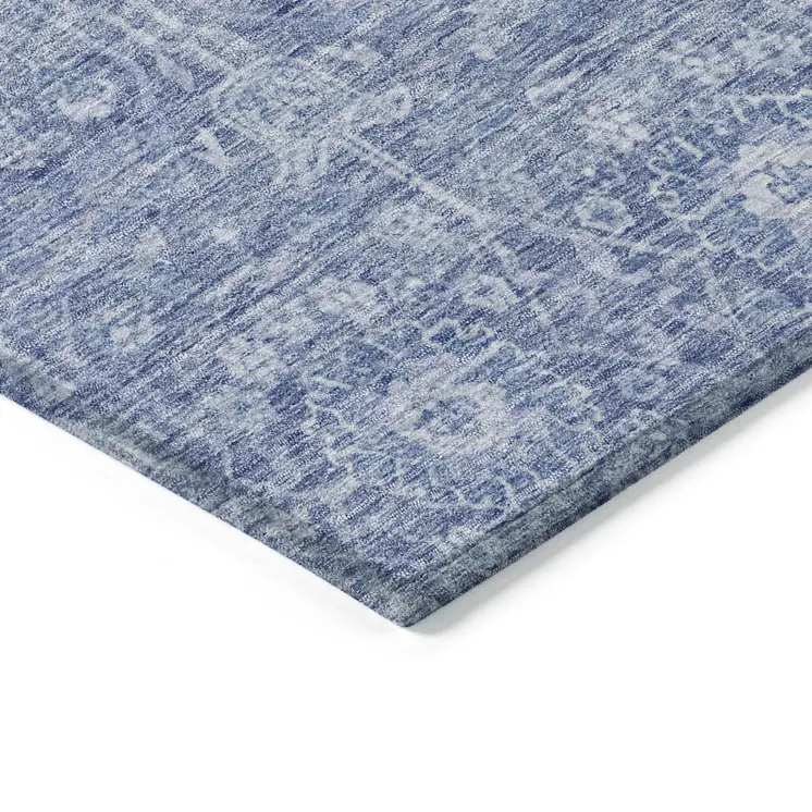 5' X 8' Denim Blue And Ivory Floral Washable Indoor Outdoor Area Rug