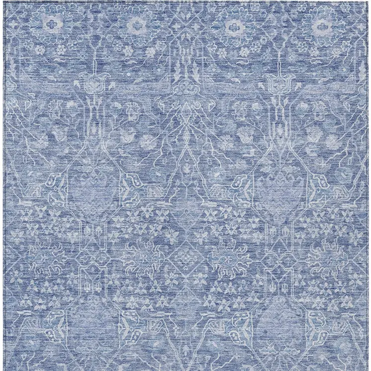 5' X 8' Denim Blue And Ivory Floral Washable Indoor Outdoor Area Rug
