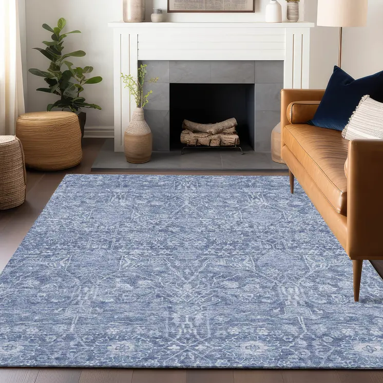 5' X 8' Denim Blue And Ivory Floral Washable Indoor Outdoor Area Rug