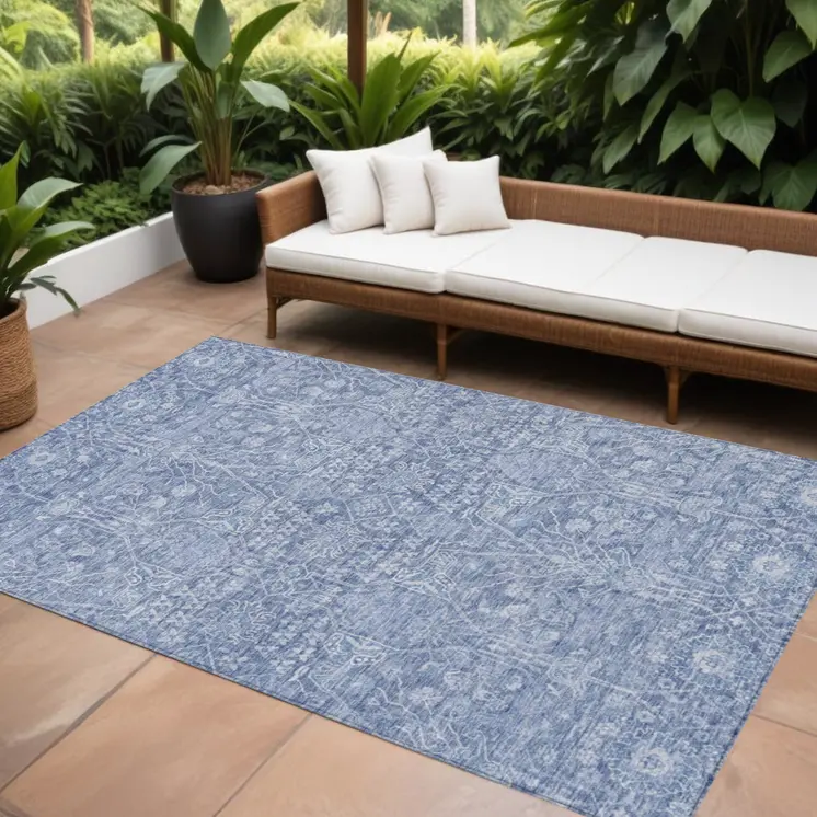 8' X 10' Denim Blue And Ivory Floral Washable Indoor Outdoor Area Rug