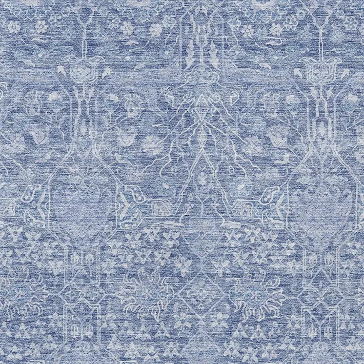 8' X 10' Denim Blue And Ivory Floral Washable Indoor Outdoor Area Rug