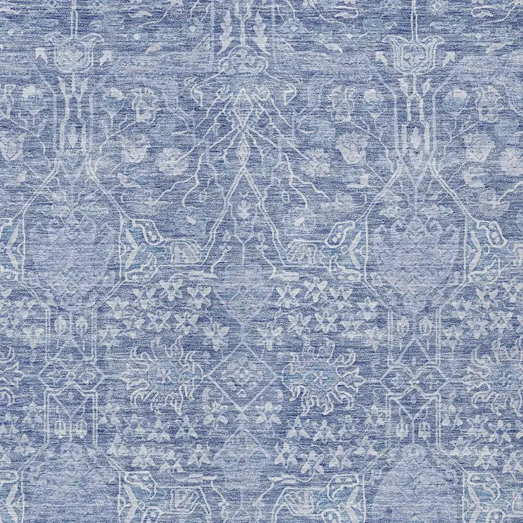 9' X 12' Denim Blue And Ivory Floral Washable Indoor Outdoor Area Rug