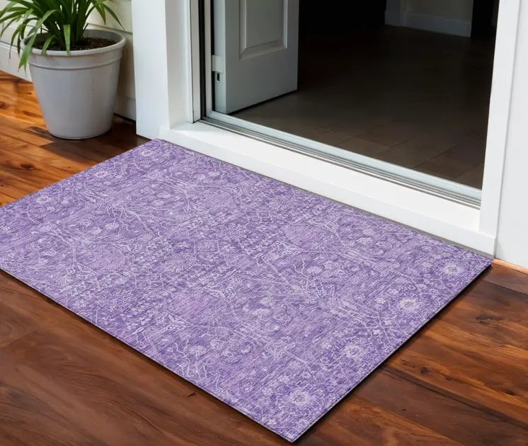 3' X 5' Plum And Lavender Floral Washable Indoor Outdoor Area Rug