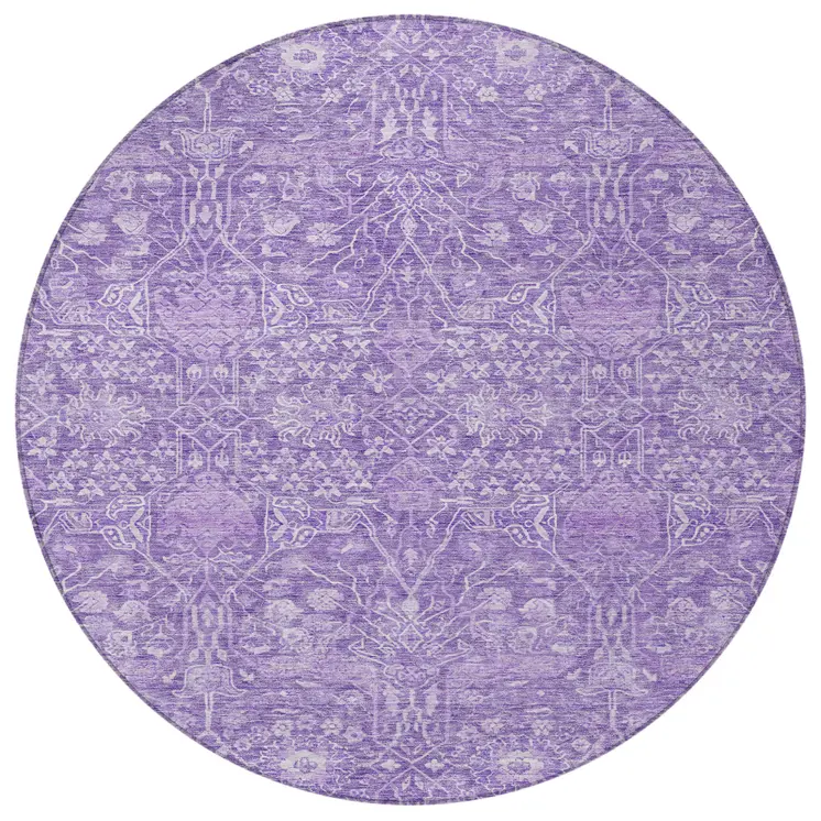 8' Plum And Lavender Round Floral Washable Indoor Outdoor Area Rug