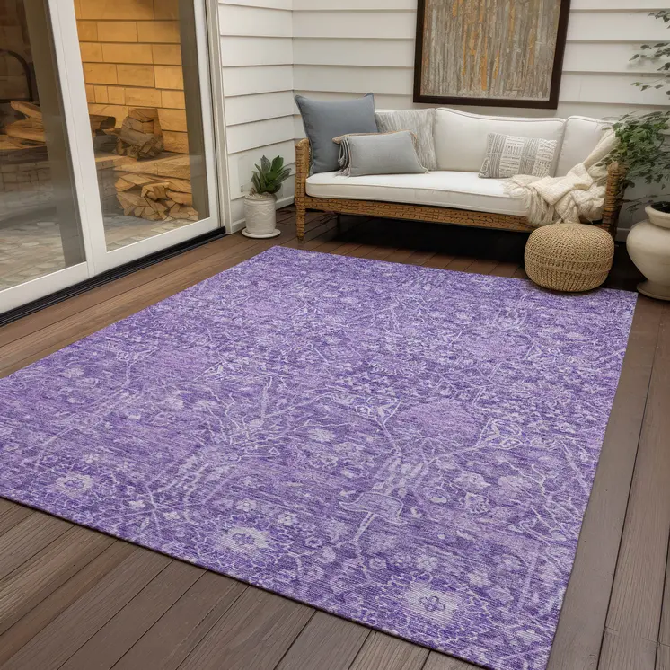 9' X 12' Plum And Lavender Floral Washable Indoor Outdoor Area Rug
