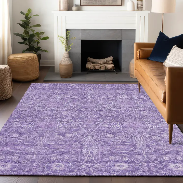 9' X 12' Plum And Lavender Floral Washable Indoor Outdoor Area Rug