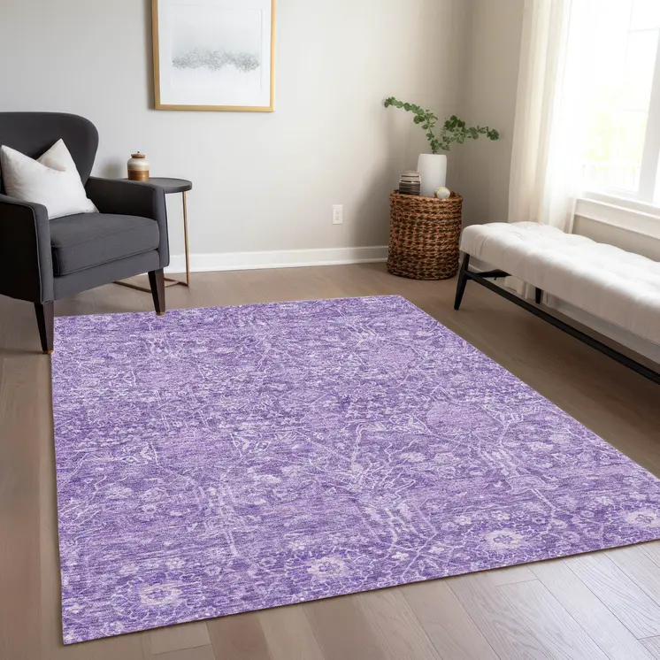 9' X 12' Plum And Lavender Floral Washable Indoor Outdoor Area Rug